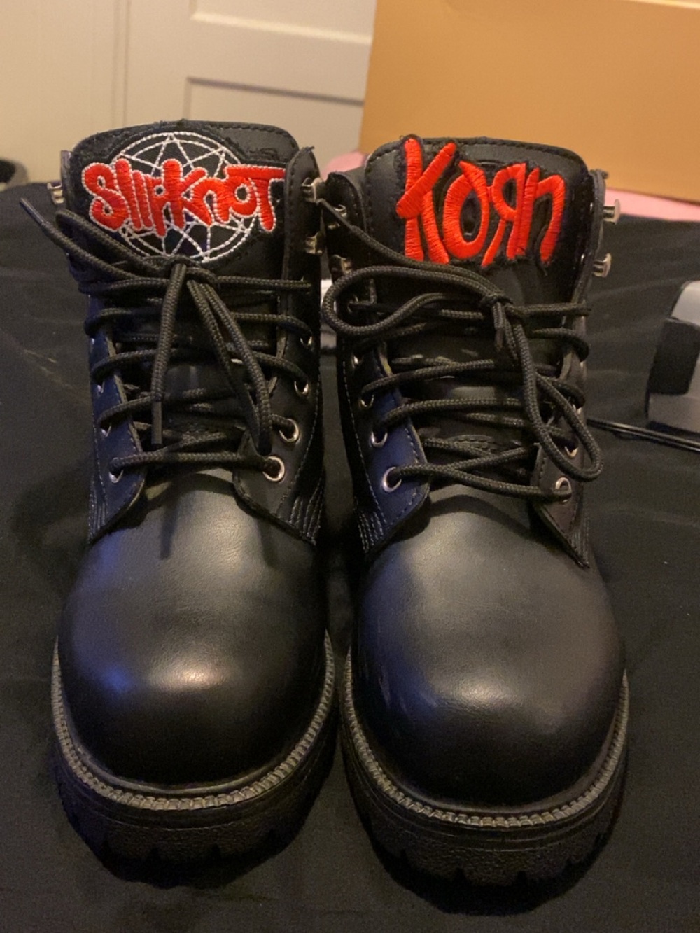 Black Men's Lace-Up Boots with Red Embroidered Band Logos